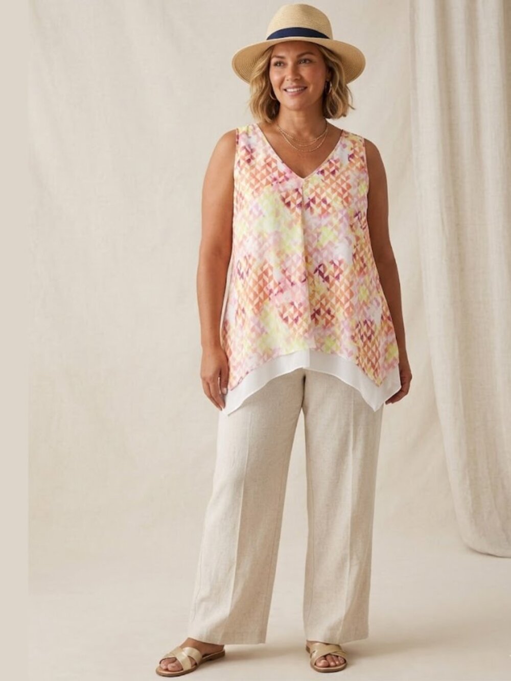 BNWT WORTHINGTON V Neck Geo Print Asymmetrical Hem Chiffon Tank Top Blouse 3X